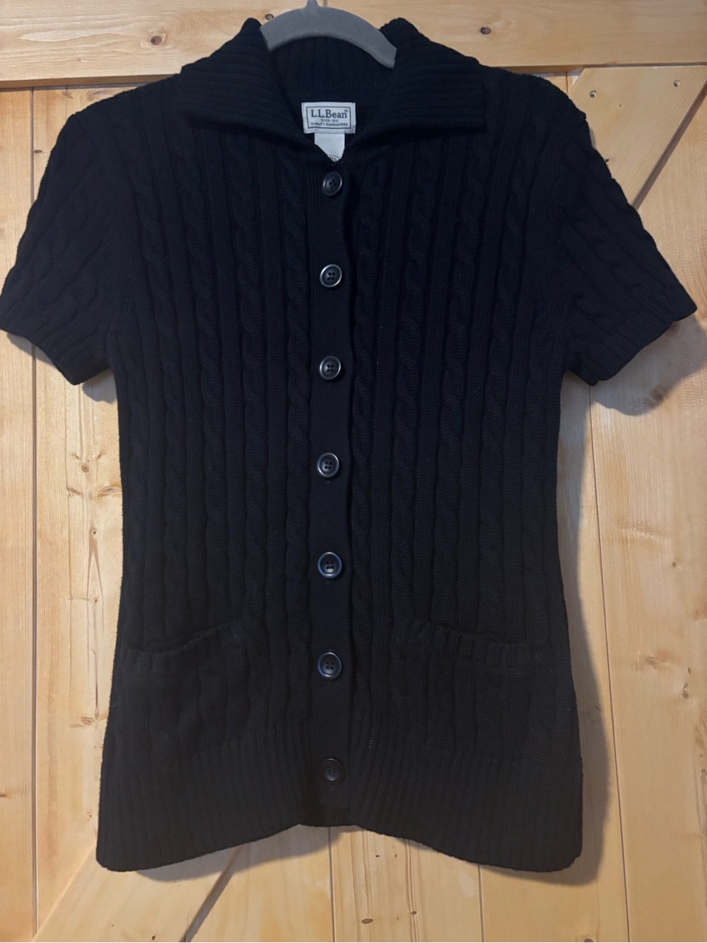 L.L. Bean Black Cable Knit Short Sleeve 100% Cotton Cardigan Sweater Small